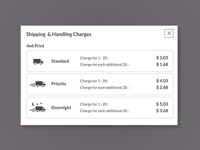 Popup UI / Shipping & Handling Charges information dialog popup charge delivery dialog handling overnight popup pricing priority select shipping shipping options standard