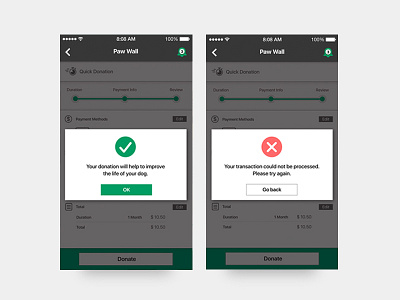App UI / FUNDoggy / Payment / Success / Fail checkout donation error fail interaction modal dialog payment payment process popup progress bar success ui design