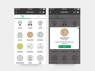 App UI / FUNDoggy / Collections achievement badges collect collections dogs history icons menu points share stickers ui design