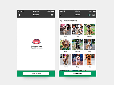 App UI / FUNDoggy / Search Result dogs grid layout icons interaction interface layout new search no result options result share ui design