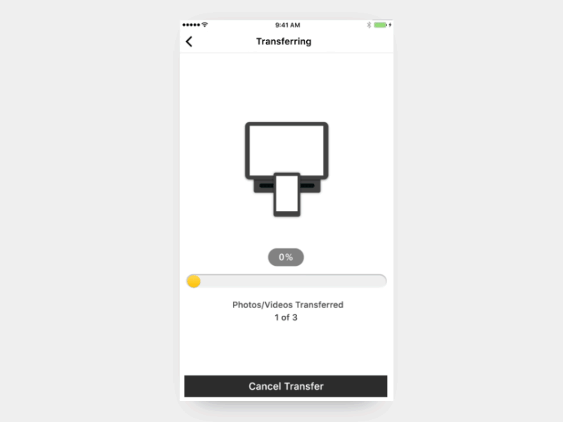 Wifi photo transfer App app ui design complete connect to kiosk file selected photo albums process bar select photos simple animation success transfer animation transfer file wifi transfer