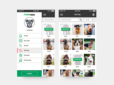 App UI / FUNDoggy / My dog lists dogs hamburger menu input interactions layout menu my lists new post notification organize by search select