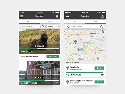 App UI / FUNDoggy / Donation access location donation event location goals input lists map organized by progress bar search ui design upper tabs menu