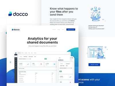 Docco - Analytics for your shared documents analytics attachment branding dashboard interface document features file file management interaction landing page logo request access security share files storage track engagement track files ui ui design web platform
