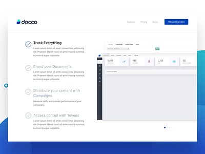 Docco - Analytics for your shared documents analytics attachment branding dashboard interface document features file file management interaction landing page logo request access security share files storage track engagement track files ui animation ui design web platform
