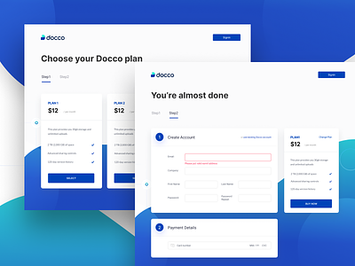 Docco - Analytics for your shared documents branding checkout process create account document error state features file management interaction landing page payment details pricing plan pricing ui request access security select plan share files storage track engagement ui design web platform