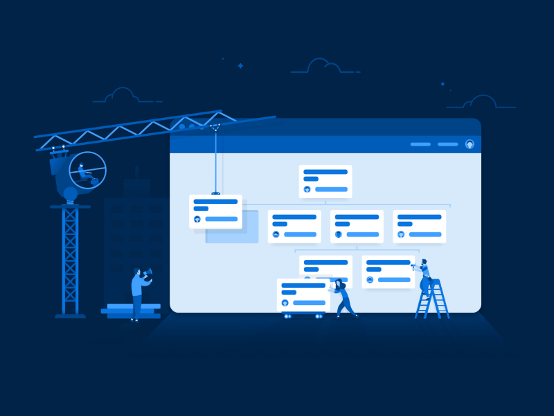 Collaboration and Reorganisation sorry jesse org blue cards product illustration crane people reogranisation communication collaboartion buildings illustration
