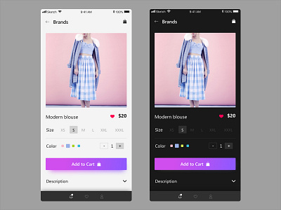 Product Detail add to cart clothing dark theme e commerce app fashion light theme modern product product detail sketch ui uiux