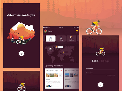 Adventure Tour App Screen adventure adventurer clean creative design hiking icon illustration layout location map modern mountain riding sketch skipping surfing tour ui uiux