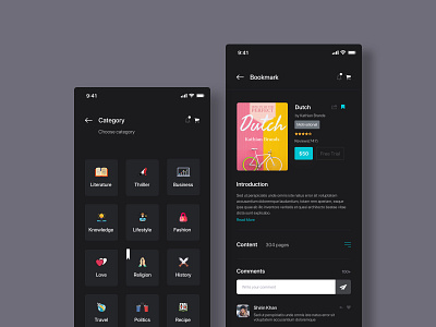 Booklib App app book bookshelf creative dark theme design illustration knowledge layout library modern online reading reading sketch study uiux vector web