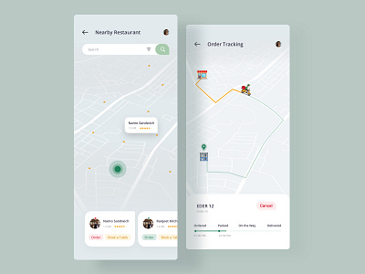 Nearby app book a table creative delivery design dinner food home ios location location tracker lunch map modern order restaurant sketch status track uiux