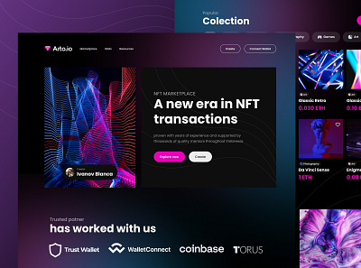 Arto.io NFT Website Exploration activity bitcoin card clean coin crypto crypto exchange cryptocurrency dark design landing page marketplace minimalism nft simple token ui ux web design website