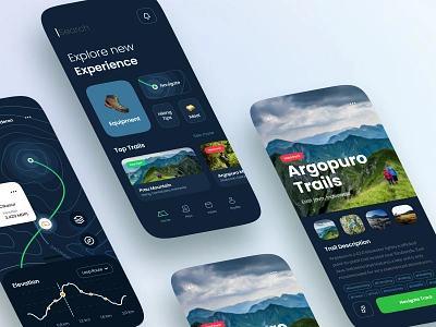 Trails Navigation App - Adventure Guidance activity adventure card clean design equipment hike hiker hiking map minimalist mobile app mountain nature navigation plan preparation track trail ui