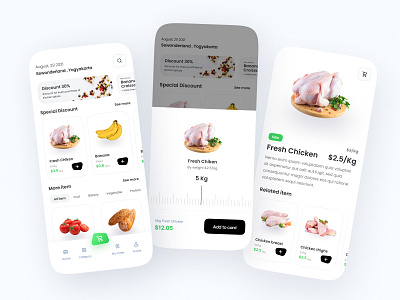 Grocery App - Concept Design branding bread chicken clean daily needs food grocery market meat minimalist mobile mobile app price shop supermatket transaction ui uiux user interface vegetable