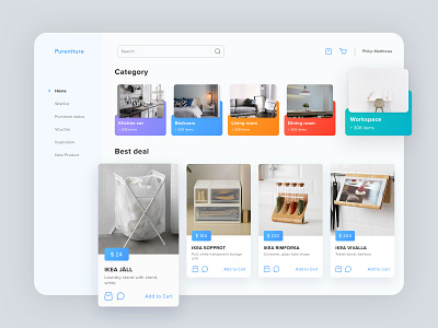 Pureniture E-Commerce Dashboard card cards cart category color dashboad design ecommerce ecommerce app furniture furniture app furniture design furniture shop furniture store item minimalism price product shop ui