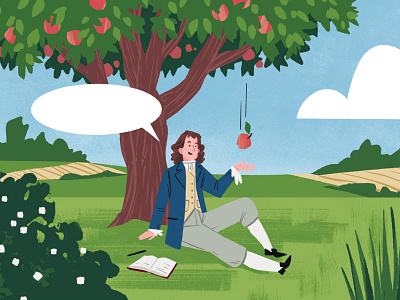 Isaac Newton and Gravity character childrensbook educational illustration nature science tree