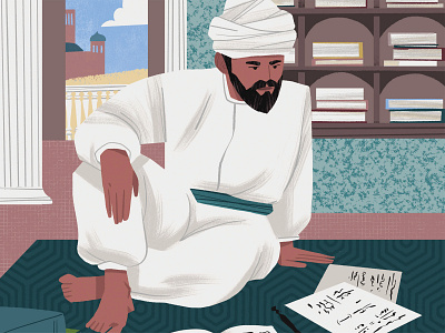 Al-Khwarizmi in the Temple of Wisdom algebra character childrensbook history illustration interior math person
