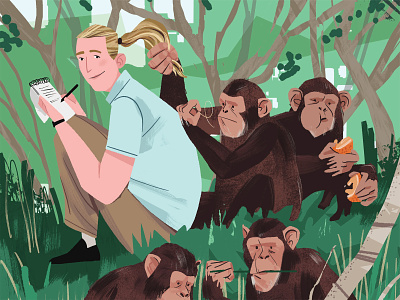 Jane Goodall Studying Chimpanzees animal character childrensbook chimpanzee illustration janegoodall nature person plants science trees