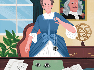 Emilie Du Chatelet & Conservation of Energy character childrensbook desk history illustration interior plant scene science