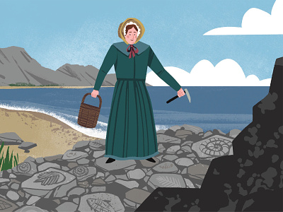 Mary Anning Finding Sea Shell by the Sea Shore character childrensillustration fossils illustration science sea woman