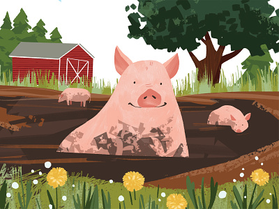 Pigs in the Mud animal character childrensbook drawing illustration