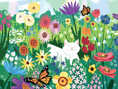 Cat in Wildflowers animal cat character colorful cute flowers illustration nature wildflowers