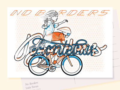 No Borders bicycle blue borders calligraphy exd experimental design fixed gear fronteiras girl illustration orange poscard vector