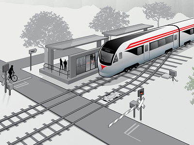 Train for Schaltbau Group bicycle greyscale illustration landscape road train train station