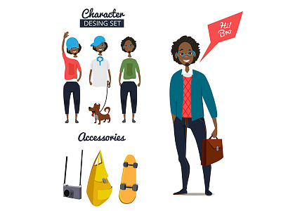 Character set accessories afro cartoon flat hipster men