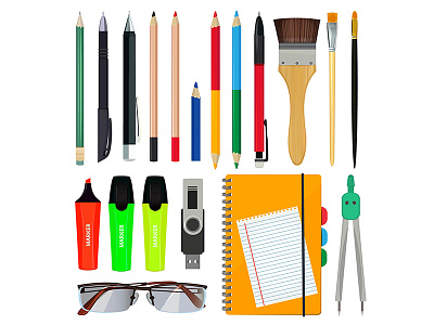Office stationery or school equipment. Vector brush folder paper pencils vector illustrations