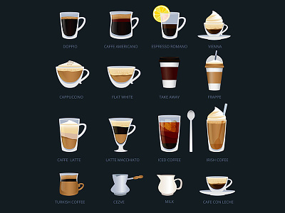 Mugs with different type of coffee cappuccino coffee espresso macchiato mugs vector