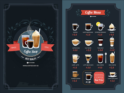 Coffee menu with different types coffee menu mugs vector