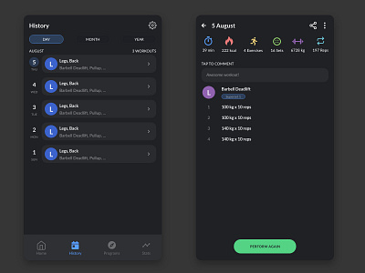 Workout App History concept dark fit fitness history progression theme ui ux workout