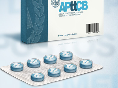 Advertising for the Catalan Association of Taxation Technicians box contract pill tablet tax