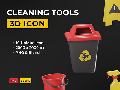 Cleaning Tools 3D Icon 3d icon appliances broom clean spray cleaning household trash-bin ui washing maschine