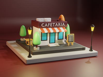 Cafe 3d Illustration 3d 3d building 3d illustration blender cafe cafetaria low poly render scene