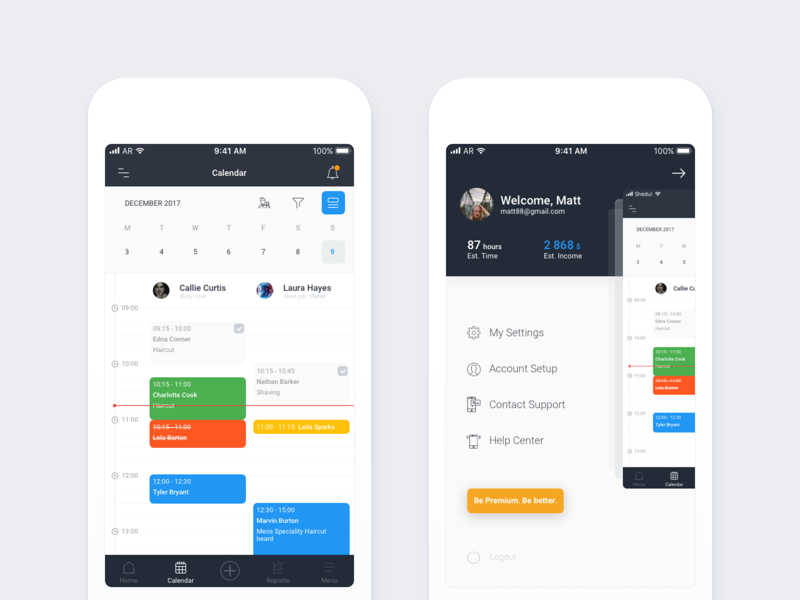 Calendar color menu ux ui tasks mobile reservation clean minimal calendar material app