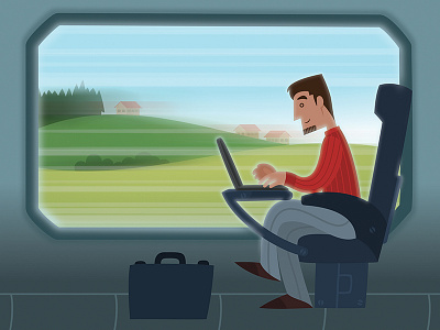 Working in the train computer houses laptop nature technology train trees trip vector wireless