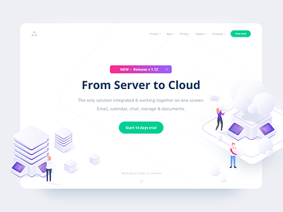 Cubes vs. Spheres 2d character cloud colours data gradient illustration interface isometric isometry landingpage migration server storage trial typography ui ux vector web