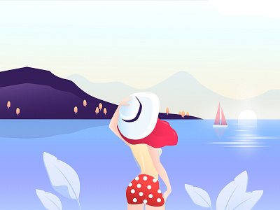 Red girl with white dots 2d boat character colours gradient hat illustration mountains ocean picture scene sea sketch sketchapp sky sunset tree vacation vector wallpaper