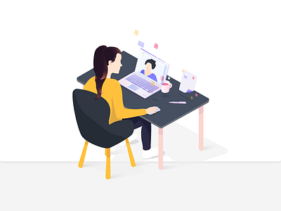 Webmeeting call colorful girl gradient illustration interface isometric macbook meeting vector web workplace