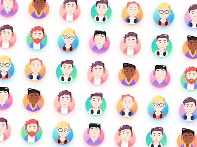 Avatars 2d avatar avatars character colours company design face flat gradient graphic icon illustration man people portraits support vector web