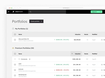 Portfolios - Stock Analysis Web App analytics blockchain charts crypto dashboard enterprise fintech graphs minimal money app saas software stock app stock market stocks tables ui ux ux ux design web app