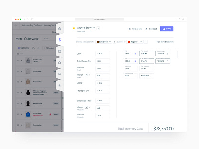 Cost sheet - Product planing web app (SaaS)