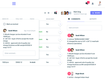 In-table collaboration & backlog admin analytics app b2b charts clean comments dashboard design finance interface minimal prototype saas software design startups table ui ux web app