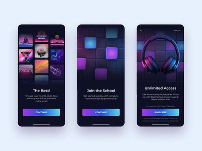 Beat Maker - Mobile app. Onboarding & Subscriptions screens app beatmaker branding gradient ios mobile music music app onboarding subscription ui ui design