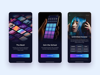 Beat Maker - Mobile app. Onboarding & Subscriptions screens