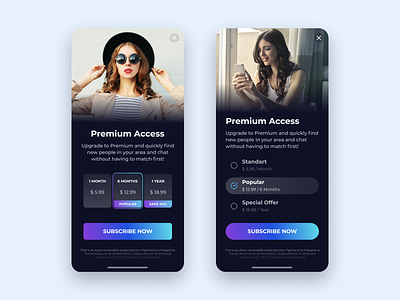 Subscription screens. Dating App app branding dark design gradient ios mobile social ui ui design