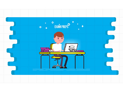 Boy Siting On Computer Table for exam preparation. blue books boy chair computer design exam flat illustration pc table