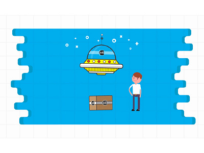 man Receive Box from a spaceship. blue box character design flat illustration man spaceship yellow